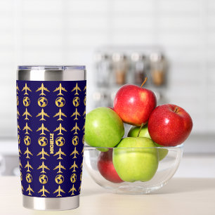 Elegant Gold Blue Aeroplane World Globe,Minimalist Insulated Tumbler