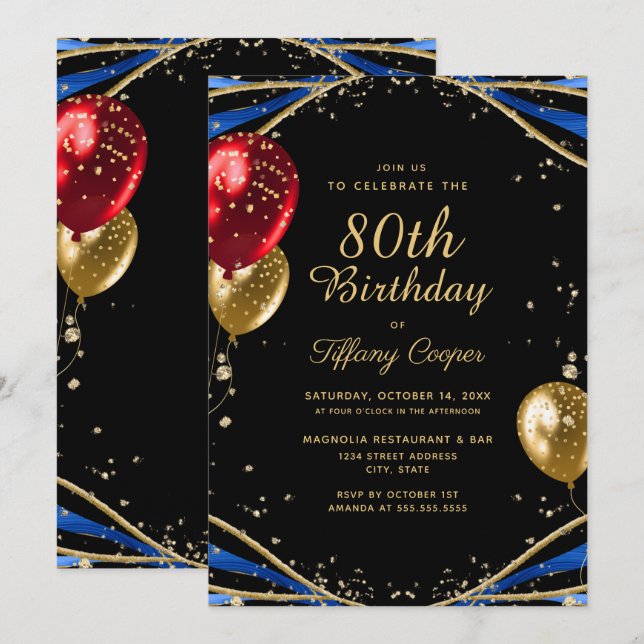 Elegant Gold Blue Agate 80th Birthday Invitation (Front/Back)