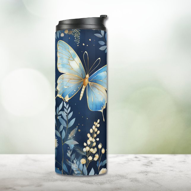 Elegant Gold Blue Butterfly Pattern on Navy  Thermal Tumbler (Creator Uploaded)