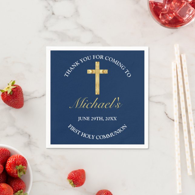 Elegant Gold Blue Cross First Communion Reception Napkin (Insitu)