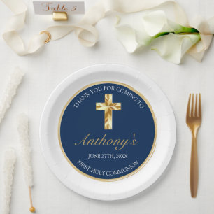 Elegant Gold Blue First Holy Communion Thank You Paper Plate