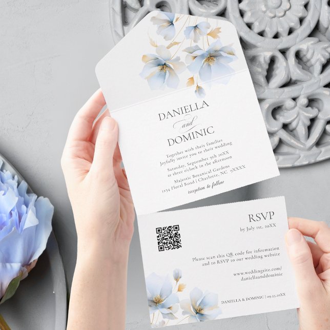 Elegant Gold Blue Floral Wildflowers QR Wedding All In One Invitation (Elegant Gold Blue Floral Wildflowers QR Wedding All In One Invitation)