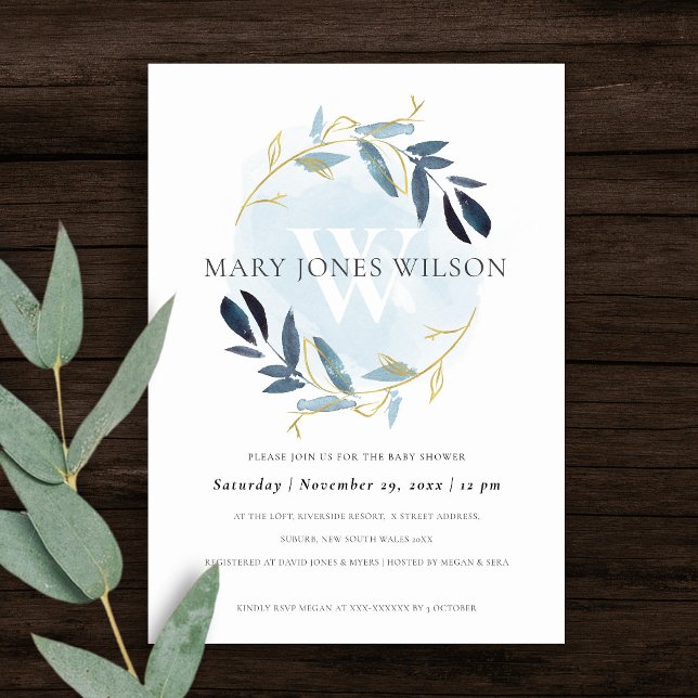 ELEGANT GOLD BLUE FOLIAGE WREATH BABY SHOWER CARD (Creator Uploaded)