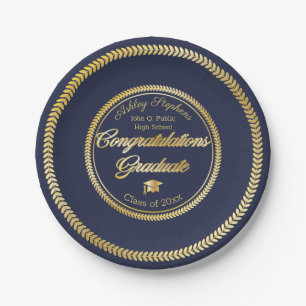 Elegant Gold   Blue Grad Cap Class of 2023 Paper Plate
