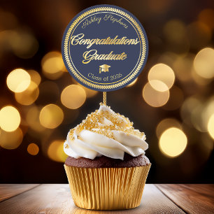 Elegant Gold   Blue Grad Cap Class of 2026 Classic Round Sticker