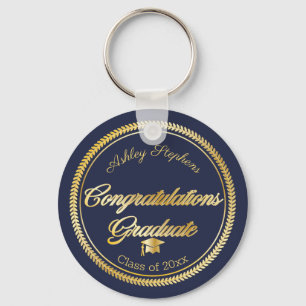 Elegant Gold Blue Grad Cap Class Year Key Ring