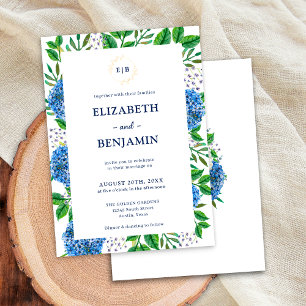 Elegant Gold Blue Hydrangeas Monogram Wedding Invitation