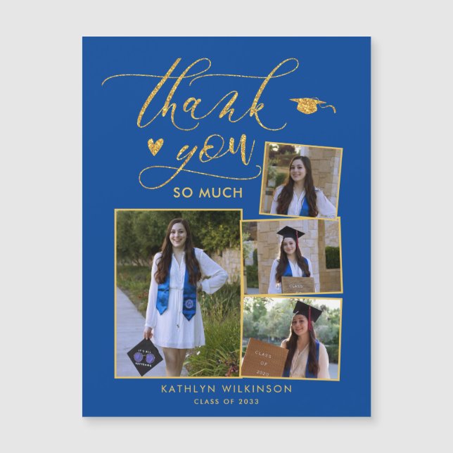 Elegant Gold Blue Multi Photo Graduation Thank You (Front)