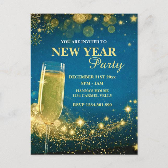 Elegant Gold & Blue New Year's Eve Party Postcard (Front)