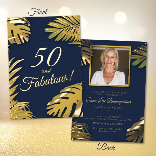 Elegant Gold Blue Photo 50th Fabulous Birthday  (Creator Uploaded)