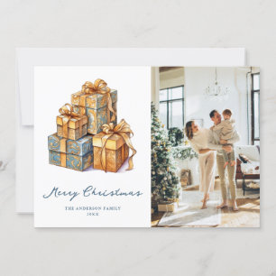 Elegant Gold Blue Photo Merry Christmas Card