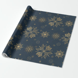 Elegant Gold Blue Poinsettias Snowflakes Pattern Wrapping Paper