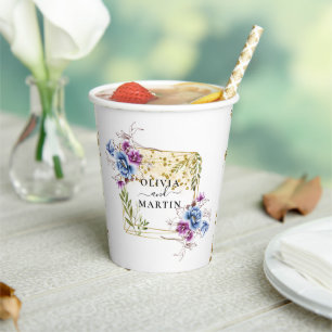 Elegant Gold Blue Purple Geometric Framed Wedding Paper Cups