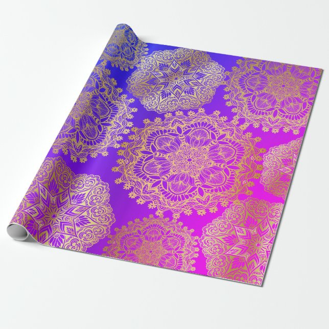 Elegant Gold Blue Purple Pink Mandala Pattern Wrapping Paper (Unrolled)