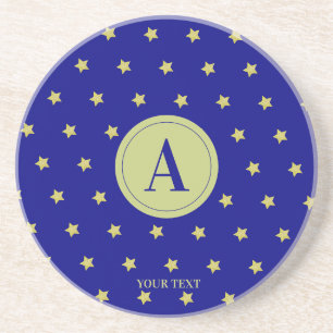 Elegant Gold & Blue Star Pattern Monogram Coaster