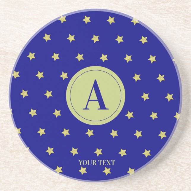 Elegant Gold & Blue Star Pattern Monogram Coaster (Front)