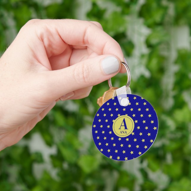 Elegant Gold & Blue Star Pattern Monogram Key Ring (Hand)