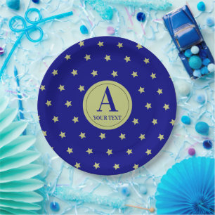 Elegant Gold & Blue Star Pattern Monogram Paper Plate