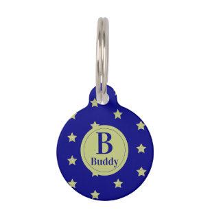 Elegant Gold & Blue Star Pattern Monogram Pet Tag