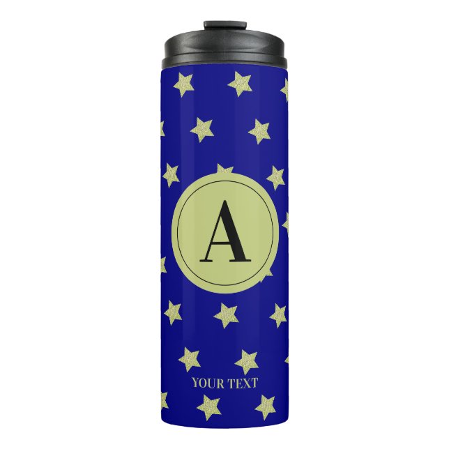 Elegant Gold & Blue Star Pattern Monogram Thermal Tumbler (Front)