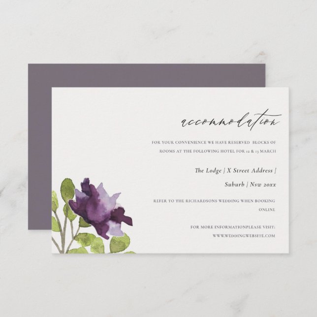 ELEGANT GOLD BLUE WATERCOLOUR FLORAL ACCOMMODATION INVITATION (Front/Back)