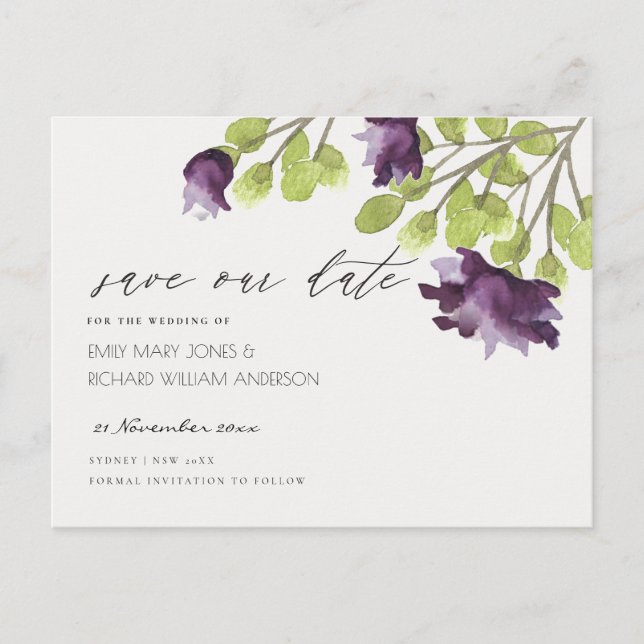 ELEGANT GOLD BLUE WATERCOLOUR FLORAL SAVE THE DATE ANNOUNCEMENT POSTCARD (Front)