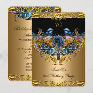 Elegant Gold Bluebird Bird Black 70th Birthday Invitation