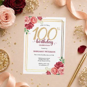 Elegant Gold Blush Floral 100th Birthday Party Invitation