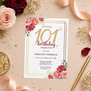 Elegant Gold Blush Floral 101st Birthday Party Invitation