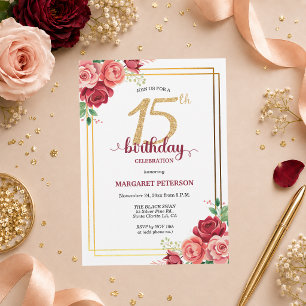 Elegant Gold Blush Floral 15th Birthday Party Invitation