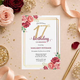 Elegant Gold Blush Floral 17th Birthday Party Invitation