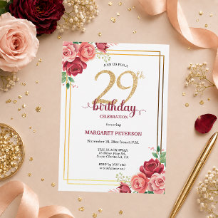 Elegant Gold Blush Floral 29th Birthday Party Invitation