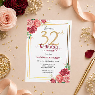 Elegant Gold Blush Floral 32nd Birthday Party Invitation