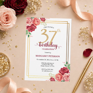 Elegant Gold Blush Floral 37th Birthday Party Invitation