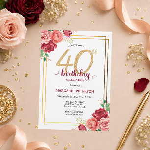 Elegant Gold Blush Floral 40th Birthday Party Invitation