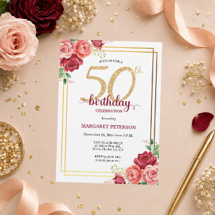 Elegant Gold Blush Floral 50th Birthday Party Invitation
