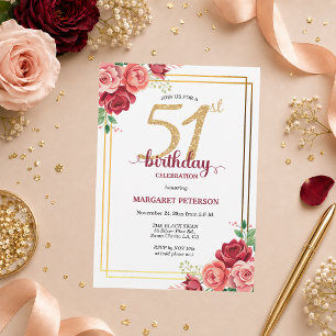 Elegant Gold Blush Floral 51st Birthday Party Invitation