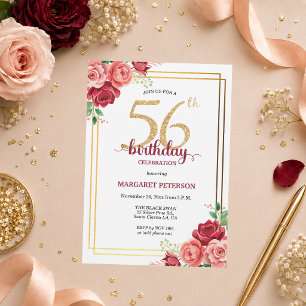 Elegant Gold Blush Floral 56th Birthday Party Invitation