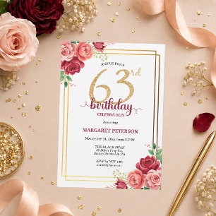 Elegant Gold Blush Floral 63rd Birthday Party Invitation