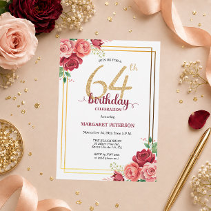 Elegant Gold Blush Floral 64th Birthday Party Invitation