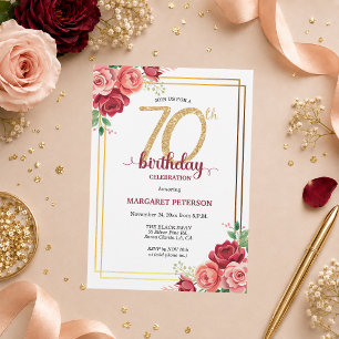 Elegant Gold Blush Floral 70th Birthday Party Invitation