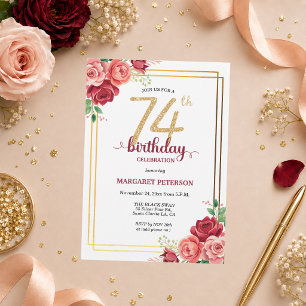 Elegant Gold Blush Floral 74th Birthday Party Invitation