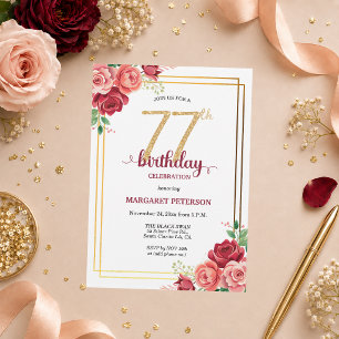 Elegant Gold Blush Floral 77th Birthday Party Invitation