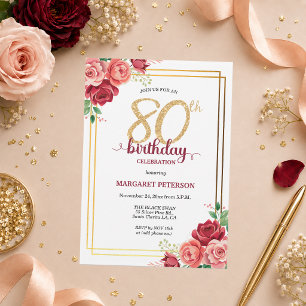 Elegant Gold Blush Floral 80th Birthday Party Invitation