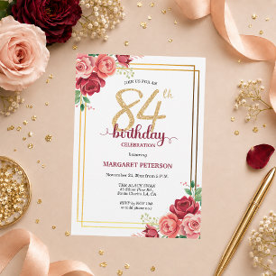 Elegant Gold Blush Floral 84th Birthday Party Invitation