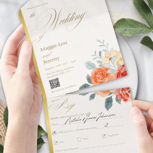 Elegant Gold Blush Floral Script Wedding All In One Invitation
