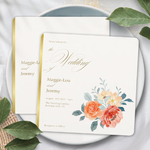 Elegant Gold Blush Floral Script Wedding Invitation