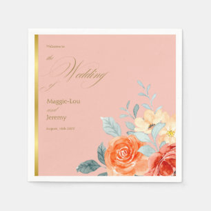 Elegant Gold Blush Floral Script Wedding Napkin