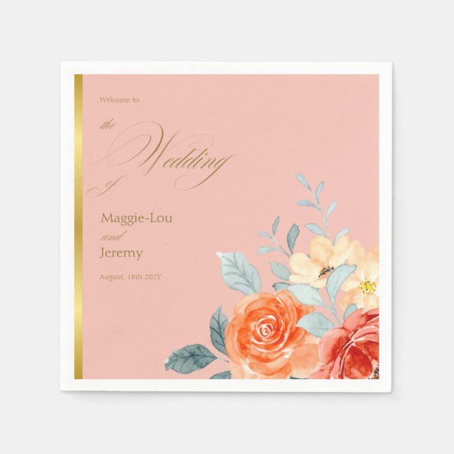 Elegant Gold Blush Floral Script Wedding Napkin (Front)
