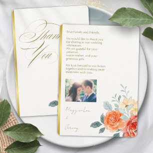 Elegant Gold Blush Floral Script Wedding Photo Thank You Card